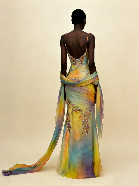 Colorful Straps Appliques Tulle Mermaid Long Party Dress Retro Evening Dress, D571