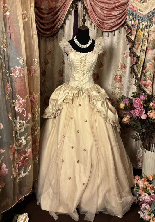 Ivory A-Line Straps Corset Vintage Long Evening Gown Wedding Dress, D02