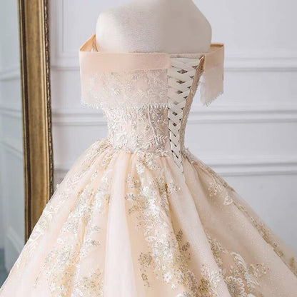 Luxury Ball Gown Off The Shoulder Lace Long Prom Dresses D067