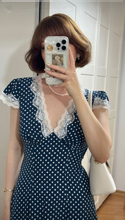 Elegant Navy V Neck Sheath Polka Dots Lace Long Party Dress, D176