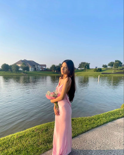 Pink Spaghetti Straps Backless Sheath Long Party Dress, D215