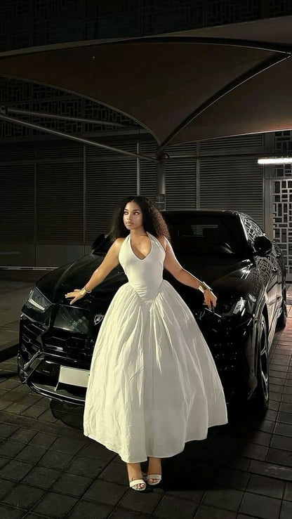 Elegant Halter Neck A-Line White Long Party Dress Fashion Women Dress, D225