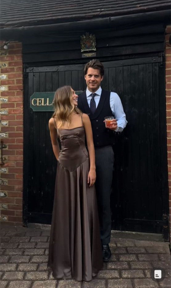 Elegant Brown Spaghetti Straps A-Line Long Party Dress Wedding Guest Dress, D295