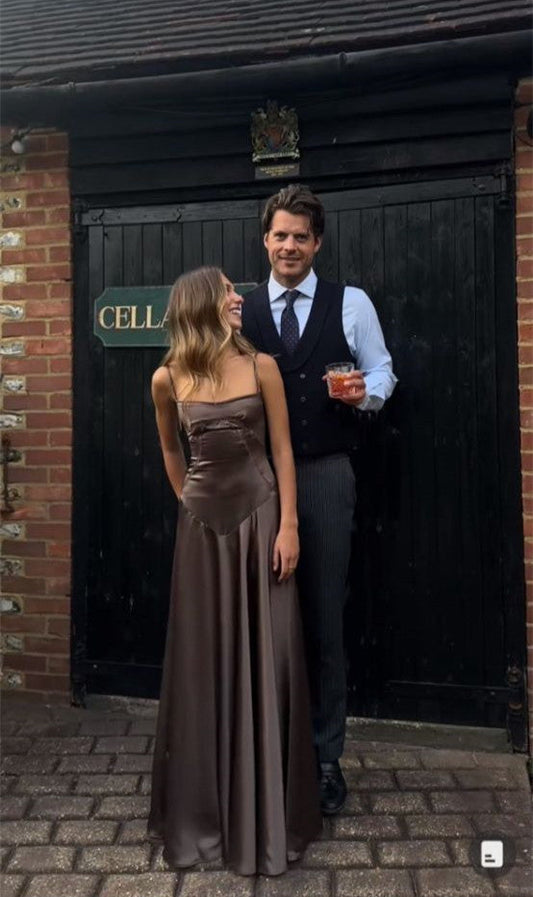 Elegant Brown Spaghetti Straps A-Line Long Party Dress Wedding Guest Dress, D295