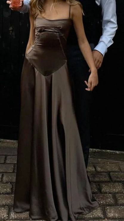 Elegant Brown Spaghetti Straps A-Line Long Party Dress Wedding Guest Dress, D295