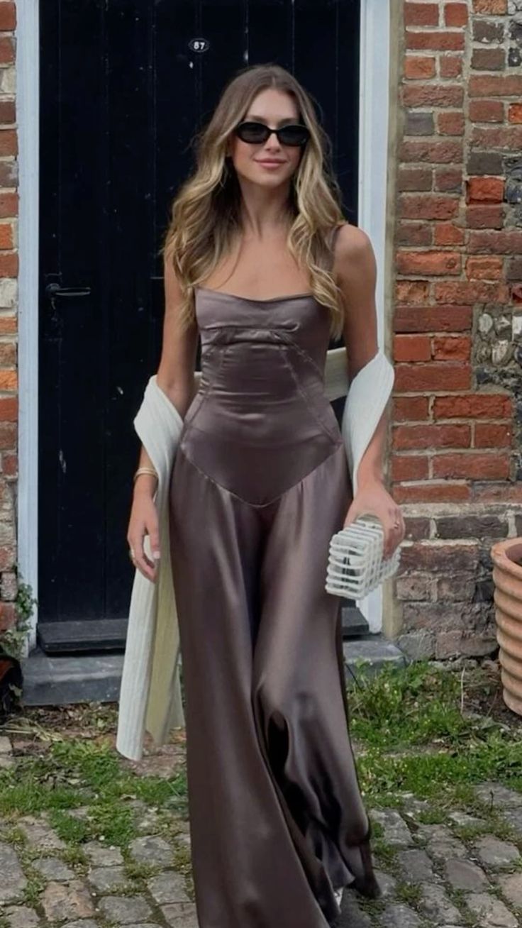 Elegant Brown Spaghetti Straps A-Line Long Party Dress Wedding Guest Dress, D295