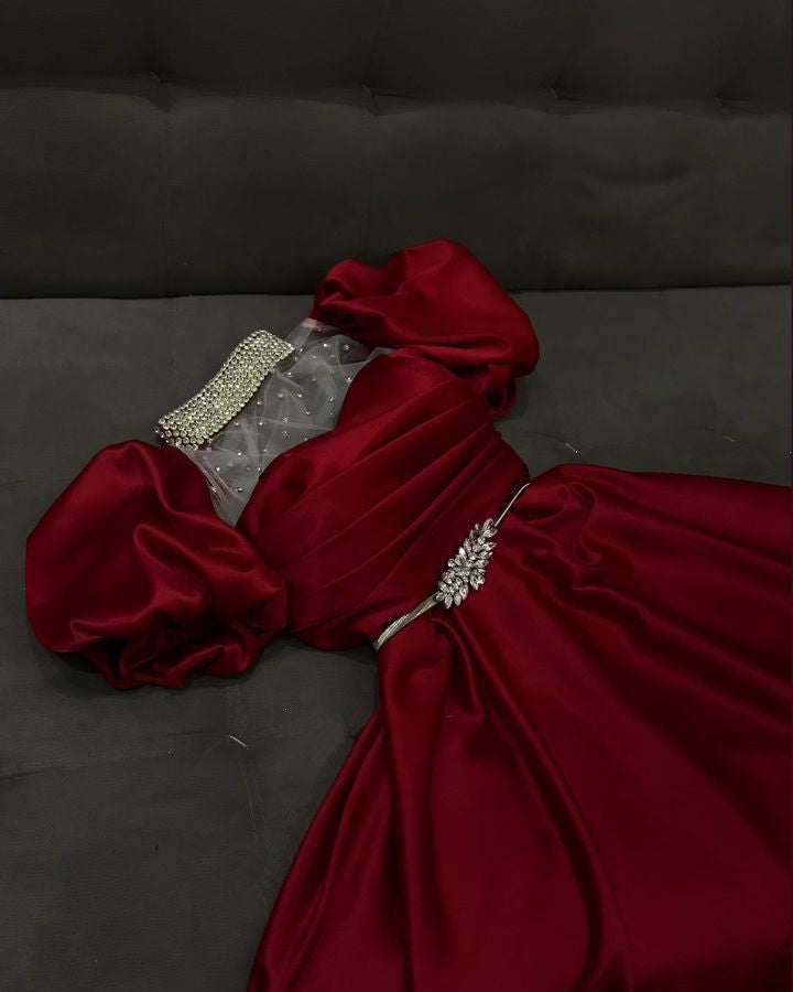 Red High Neck Puffy Sleeves A-Line Satin Lovely Long Party Dress, D314