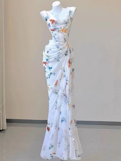 Pretty Straps Floral Chiffon Mermaid Long Party Dress, D40