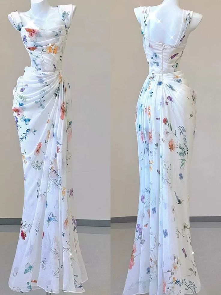 Pretty Straps Floral Chiffon Mermaid Long Party Dress, D40