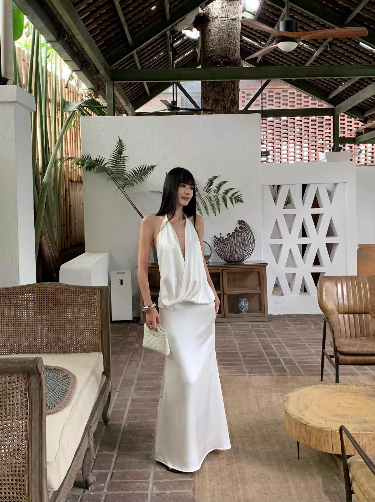 Sexy Halter V Neck White A Line Long Party Dress Formal Backless Evening Gown