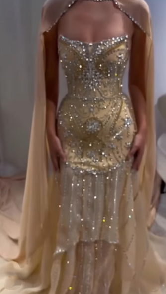 Glitter Yellow Chiffon Sequin Beaded Mermaid Evening Dress Long Birthday Prom Gown