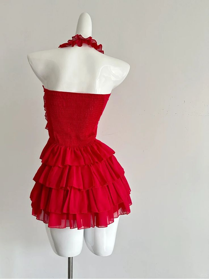 Beautiful Red Halter Chiffon Ruffle Formal Birthday Dress Short Vacation Dress  D435