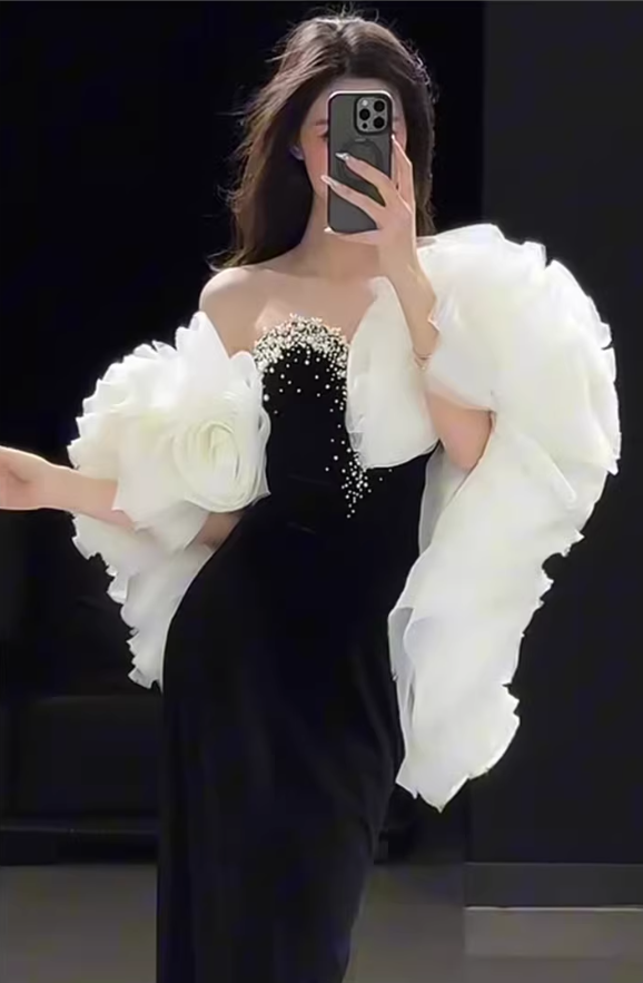 Gorgeous Strapless Black Velvet Beaded Mermaid Long Prom Dress Birthday Party Dress D2217
