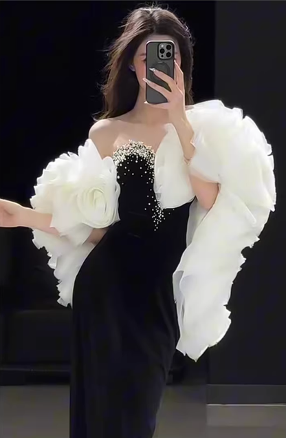Gorgeous Strapless Black Velvet Beaded Mermaid Long Prom Dress Birthday Party Dress D2217