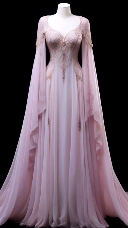 Pink Long Sleeves A-Line Elegant Long Formal Prom Dress Evening Gown Gala Dress, D59