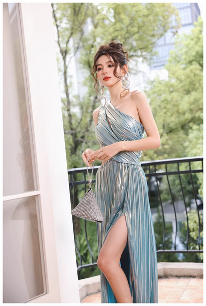 Sexy One Shoulder Satin Pleated Slit Long Wedding Guest Dress Blue Birthday Prom Dress Evening Gown