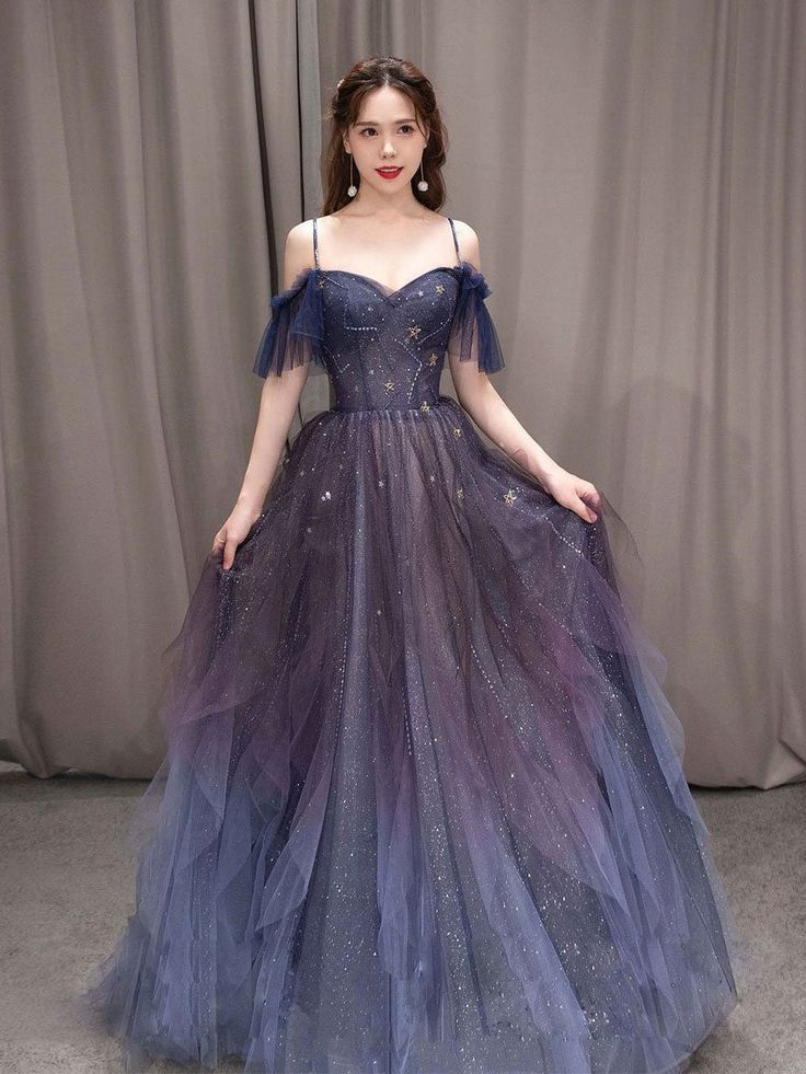 Dark starry sky ombre purple tulle long prom dress purple evening dress Y5847