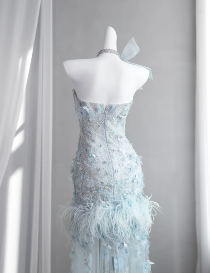 Elegant Light Blue Strapless Tulle Beaded Mermaid Long Wedding Guest Dress Formal Party Dress With Butterfly Appliques SP1512