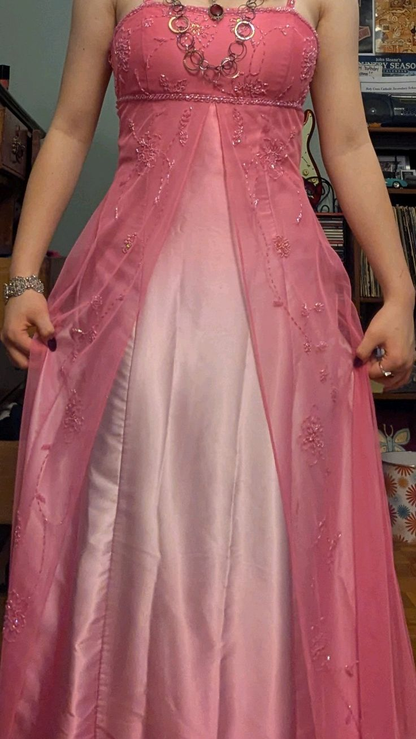 Elegant Spaghetti Straps Ombre Pink Satin Beaded Long Party Dress Formal Evening Dress D1535