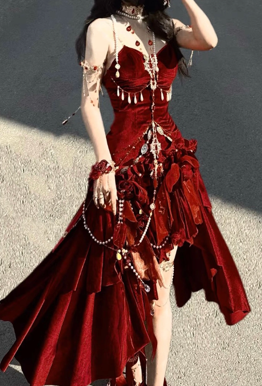 Sexy Red Spaghetti Straps Mermaid Velvet Long Party Dress Birthday Dress, D760