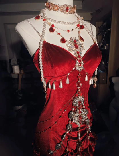 Sexy Red Spaghetti Straps Mermaid Velvet Long Party Dress Birthday Dress, D760