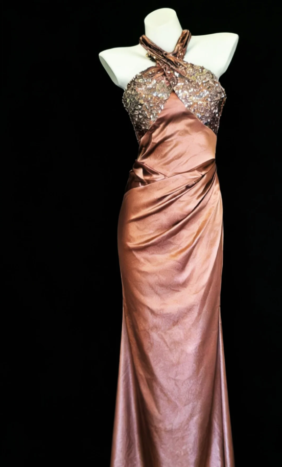 Fashion Halter Satin Sequin Mermaid Long Party Dress Backless Evening Dress D2163