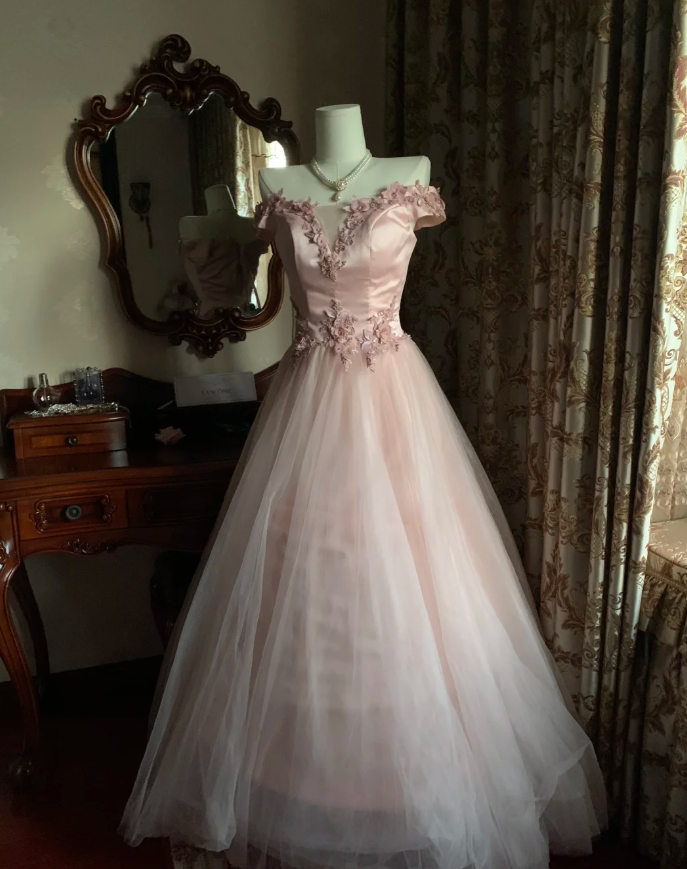 Sweet Pink Off The Shoulder Satin Tulle Appliques Long Birthday Party Dress Prom Gown
