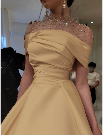 Elegant A-Line Evening Gown Elegant Dress Formal Floor Length Short Sleeve Illusion Neck Satin with Ruched Beading Prom Dress C3284
