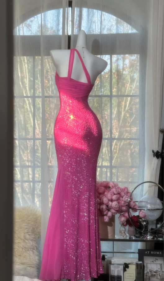 Sparkly One Shoulder Pink Chiffon Sequin Beaded Mermaid Long Evening Dress Formal Party Dress Birthday Prom Gown