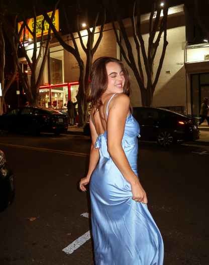 Elegant Spaghetti Straps Blue Satin Mermaid Long Wedding Guest Dress Backless Party Dress Evening Dress D1901