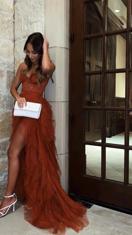Rust Red Sweetheart High Low Tiered Formal Dress,Tulle Long Evening Prom Dresses Y278