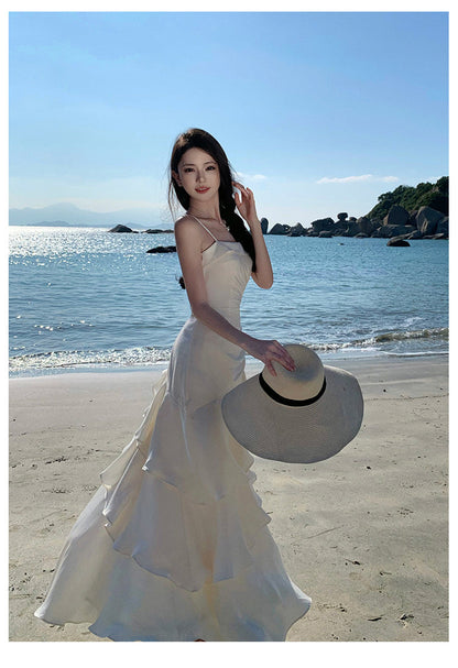 Elegant Mermaid Spaghetti Straps White Satin Long Prom Dresses Party Dress Summer 22th Birthday Outfits 18th Birthday Dresses DH1051