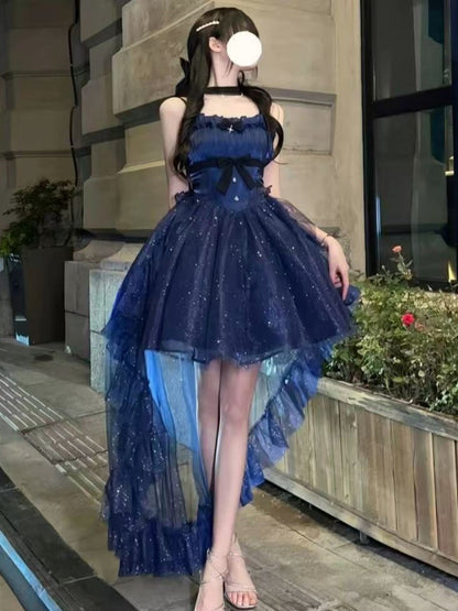 Cute French Style Ladies Fairy Spaghetti Straps Tulle Navy Blue Gotica Formal 8th Grade Homecoming Dresses Middle School Lolita Dress Hoco Outfits Lolita Outfits DH1651