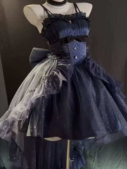 Cute French Style Ladies Fairy High Low Spaghetti Straps Tulle Navy Blue Gotica Formal 8th Grade Homecoming Dresses Lolita Dress Hoco Outfits Lolita Outfits DH1652
