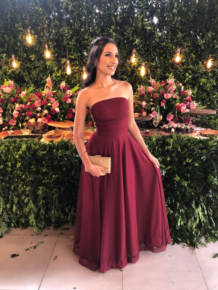 Classy A line Strapless Burgundy Chiffon Long Formal Prom Gown Summer Wedding Guest Dress Bridal Guest Dresses Wedding Outfits For Guest DH178