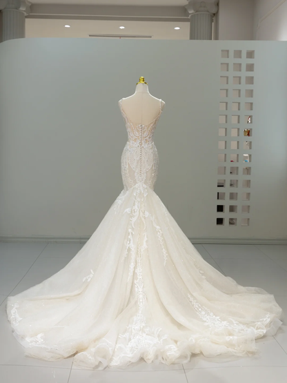 Dreamy Wedding Gown Bridal Dress Mermaid Square Neck Lace Tulle Wedding Dress Long Sleeves Wedding Dresses Modest Wedding Gowns DH2067