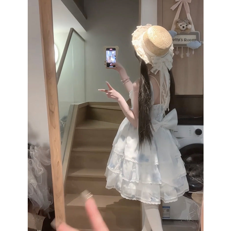 Cute A line Square Neck White Short Mini Summer 16th Birthday Dress Lolita Dress Mini 18th Birthday Outfits Lolita Outfit DH2437