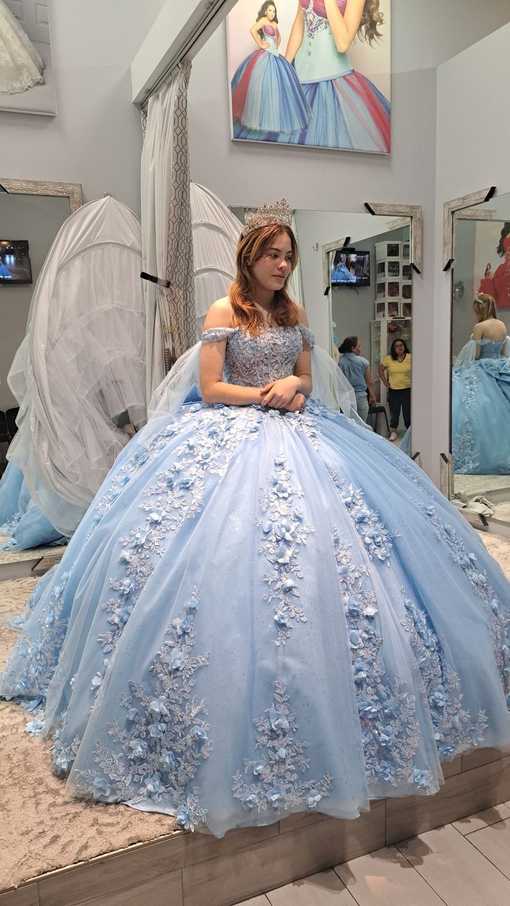 Gorgeous Blue Applique Ball Gowns Formal Dresses Tulle Off-the-shoulder Long Quinceanera Dress Sweet 16 Dress DH2695