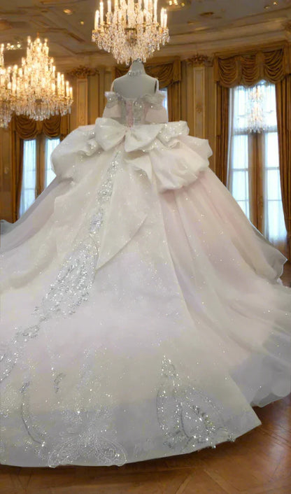 Gorgeous Sky Blue Off-the-shoulder Tulle Long Ball Gown Flower Sweet 16th Birthday Dress Cute Quinceanera Dress DH2736