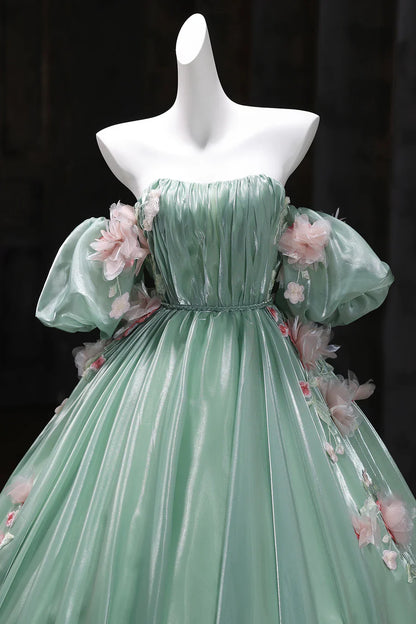 Gorgeous Green Off-the-Shoulder Tulle Long Ball Gown Sweet Flower 16th Birthday Dress Cute Quinceanera Dress DH2741