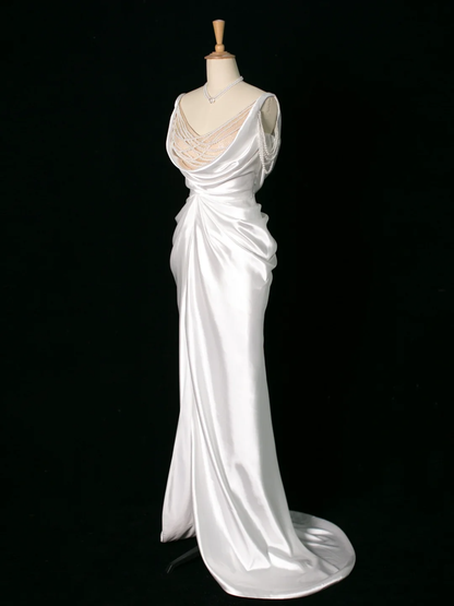 Chic Wedding Dress Mermaid Straps White Satin Sleeveless Long Vintage Wedding Dresses Bridal Gowns Brides Dress DH395