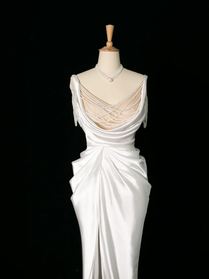 Chic Wedding Dress Mermaid Straps White Satin Sleeveless Long Vintage Wedding Dresses Bridal Gowns Brides Dress DH395