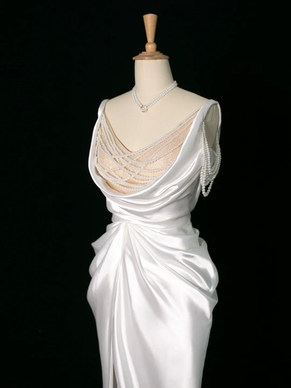 Chic Wedding Dress Mermaid Straps White Satin Sleeveless Long Vintage Wedding Dresses Bridal Gowns Brides Dress DH395