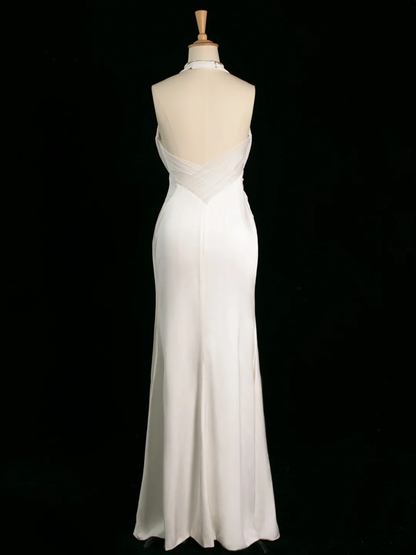 Chic Wedding Dress Mermaid Halter White Chiffon Sleeveless Long Vintage Wedding Dresses Bridal Gowns Brides Gown DH398