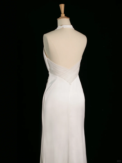 Chic Wedding Dress Mermaid Halter White Chiffon Sleeveless Long Vintage Wedding Dresses Bridal Gowns Brides Gown DH398