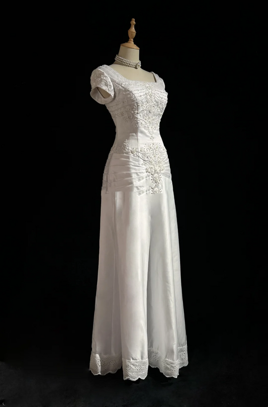 Classic Bridal Gown A line Square Neck Short Sleeves Satin White Wedding Dresses Minimalist Bridal Gowns DH648