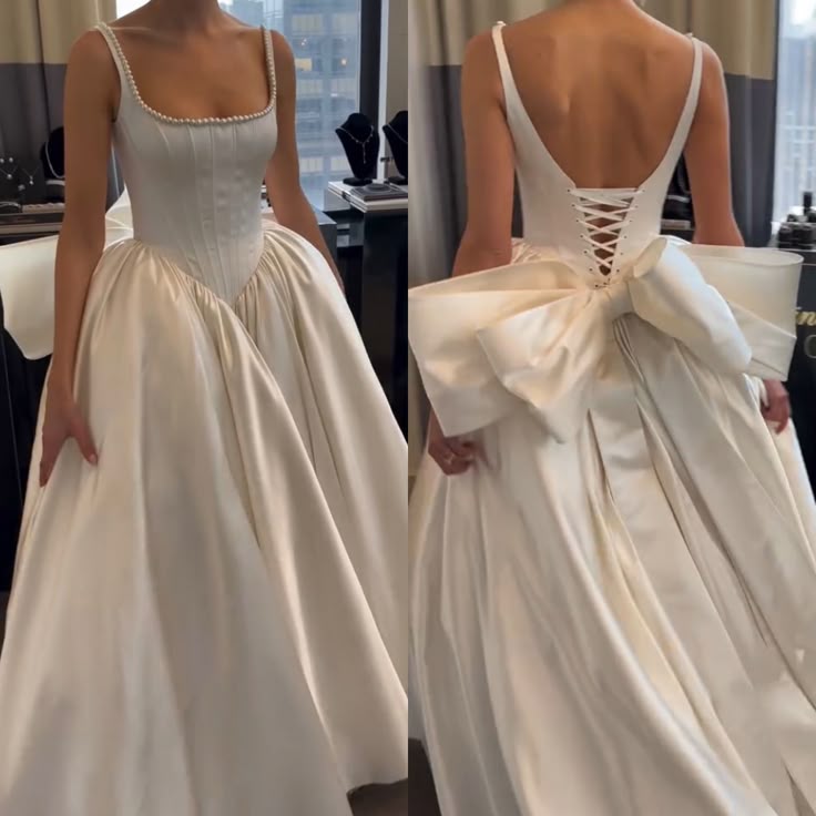 Classic Bridal Gown Ball Gown Square Neck Sleeveless Satin White Wedding Dresses Minimalist Bridal Gowns DH740