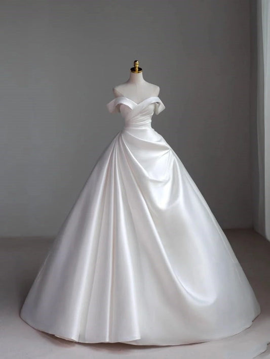 Classic Bridal Gown Ball Gown Off The Shoulder Short Sleeves Satin White Wedding Dresses Minimalist Bridal Gowns DH743