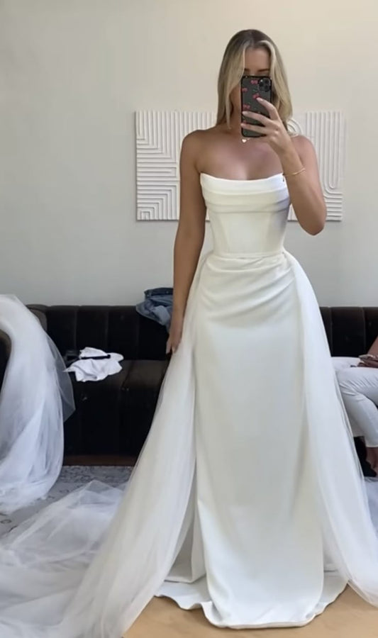 Classic Bridal Gown Mermaid Strapless Satin Long White Wedding Dresses Elegant Bridal Gowns DH856