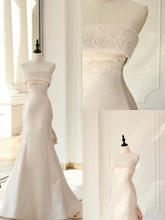 Classic Bridal Gown Mermaid Strapless Sleeveless Satin Long Light Pink Wedding Dresses Elegant Bridal Gowns Brides Dress DH894